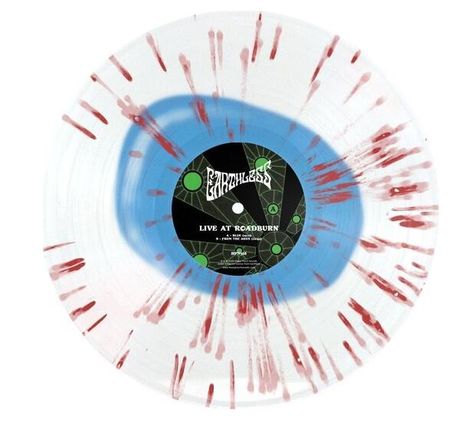 "Live at Roadburn" auf schwarzem Kreis. Weiße Schallplatte mit blauen und roten Spritzern.