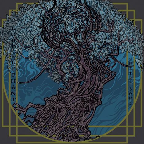 Text: "LORD ELEPHANT" links, "ULTRA SOUL" rechts. Illustration: Ein verwobener Baum mit graublauen Blättern, umrahmt von goldenen Linien.