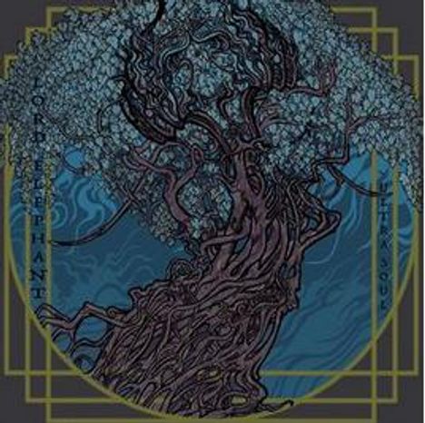 Text: "LORD ELEPHANT" oben, "COSMIC AWAKENING" unten. Baum mit verworrenen Ästen vor blauem Hintergrund in einem künstlerischen Stil.