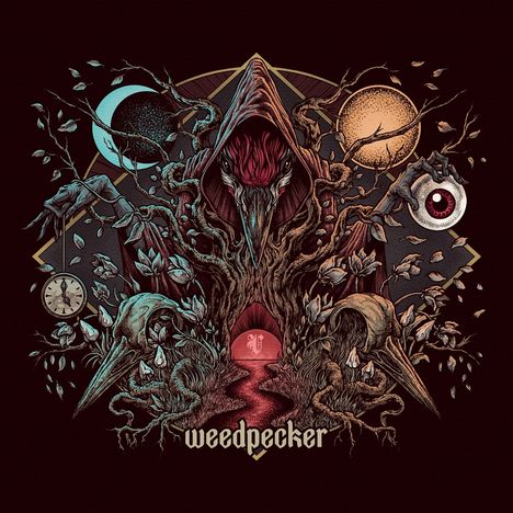 Eine Illustration mit dem Text "weedpecker" unten. Ein vogelähnliches Wesen in einem Kapuzenumhang, umgeben von mystischen Symbolen.
