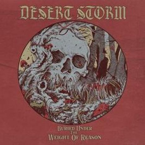 "Desert Storm. Buried Under the Weight of Reason." Illustration: Skelettschädel in Wald mit roten Pilzen.