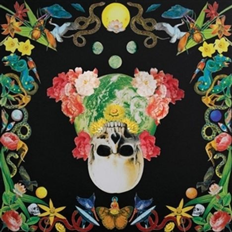Eine farbenfrohe Illustration mit einem zentralen Totenkopf, umgeben von Blumen, einer Erdkugel, Schmetterlingen und plantenhaften Formen.