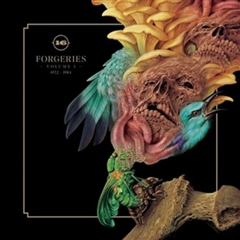 Text: "Forgeries Volume 1, 1972-1984." Illustration: Buntes Tier mit menschlichen Gesichtszügen auf einem Ast.