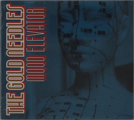 "THE GOLD NEEDLES: MOOD ELEVATOR" in roter Schrift. Illustration eines Kopfes mit Akupunkturpunkten und Linien.