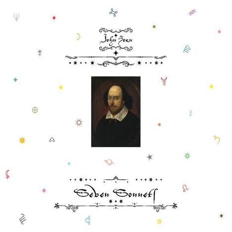 Oben steht "John South", unten "Oden Sonnett". Dazwischen ein Porträt mit bunten Symbolen und Sternen umgeben.