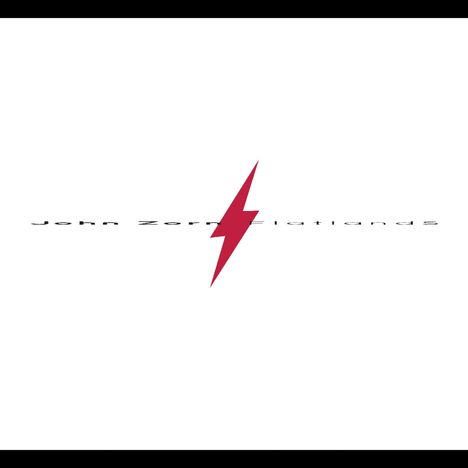 Text: "John Zorn Flatlands". Eine rote Blitz-Grafik in der Mitte. Simples, minimalistisches Design auf weißem Hintergrund.