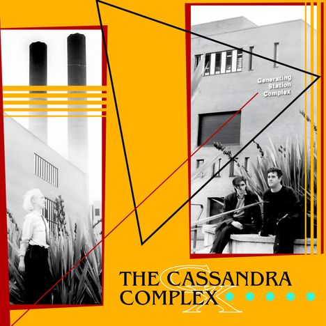 "The Cassandra Complex" und "Generating Station Complex". Schwarz-weiße Fotos, geometrische Formen, gelber Hintergrund.