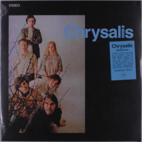 "Chrysalis" in blauer Schrift, darunter Text zu "Definition". Sechs Personen stehen und sitzen, umgeben von Ästen.