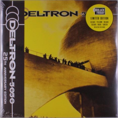 "Deltron 3030", "25th Anniversary Edition", "Limited Edition", "RSD Black Friday". Gelbes Bild mit Silhouetten auf Brücke.