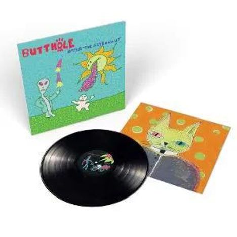 "BUTTHOLE" steht oben links. Eine Schallplatte mit einem bunten Cover, das ein alienähnliches Wesen und eine Katze zeigt.