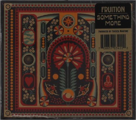 Texte: "FRUITION SOMETHING MORE PRODUCED BY TUCKER MARTINE". Farbige, symmetrische Illustration mit Blumen und Mustern.