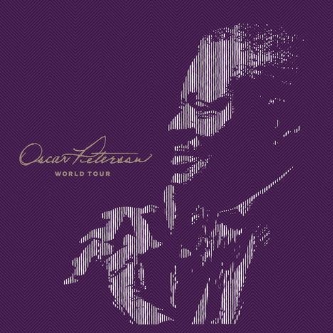 "Oscar Peterson World Tour" in eleganter Schrift. Illustration eines Mannes im Profil aus Linien, in Lila gehalten.