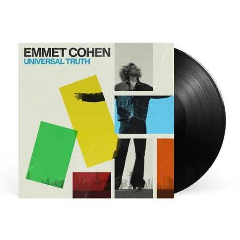 "EMMET COHEN UNIVERSAL TRUTH" in schwarzer und blauer Schrift. Bunte geometrische Formen und ein verschwommenes Foto.