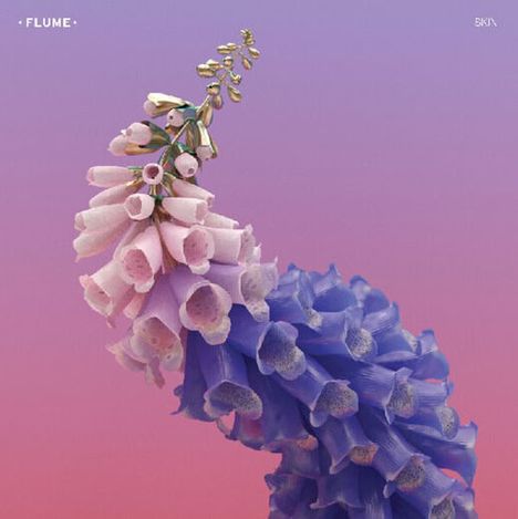 Text: "FLUME". Illustration einer Pflanze mit rosa und blauen Blüten vor einem rosa-violetten Hintergrund.
