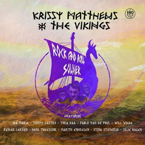 "KRISSY MATTHEWS & THE VIKINGS" und "ROCK AND ROLL SOLDIER" auf einem Wikinger-Schiff in lila Illustration.