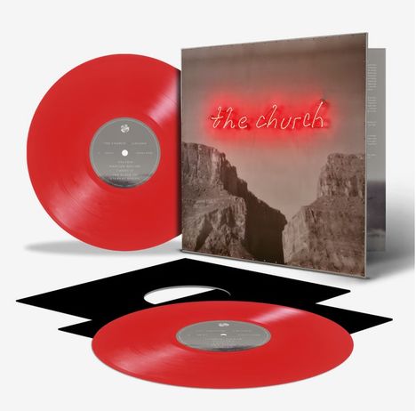 Roter Vinyl-Platte, Cover zeigt roten Neon-Schriftzug "the church" über einer Canyon-Landschaft.