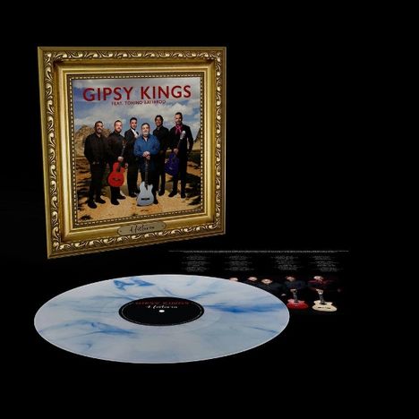 "GIPSY KINGS Feat. TONINO BALIARDO" auf einem Albumcover mit fünf Personen, drei Gitarren und einer weißen Schallplatte.