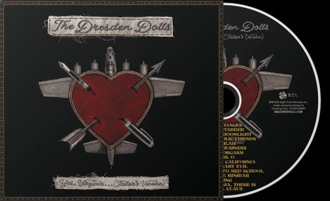 "The Dresden Dolls" und "Yes, Virginia...(Tailors's Version)" auf Stoffband, Herz von Pfeilen durchbohrt.