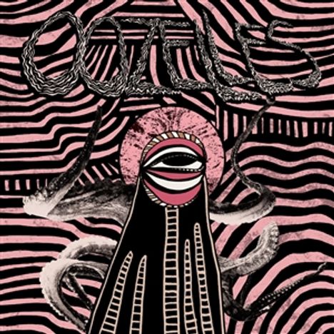 Text "OOZELLES". Illustration mit surrealen Mustern, einer Figur mit rotem Mund und wirbelnden Linien auf rosa Hintergrund.