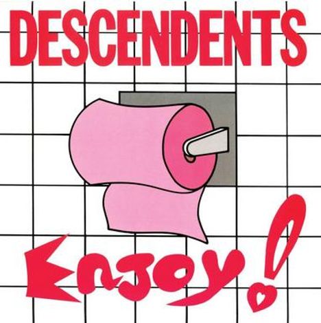 Text: "DESCENDENTS" oben, "Enjoy!" unten. Illustration: Rosa Toilettenpapierrolle auf Kacheln.