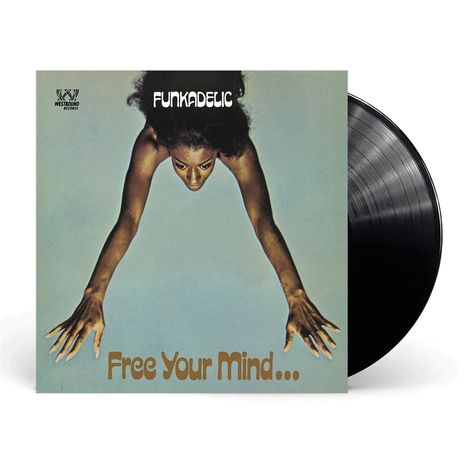 „Free Your Mind...“ und „Funkadelic“ stehen auf einem Albumcover, das eine Frau von oben zeigt, Arme ausgestreckt.