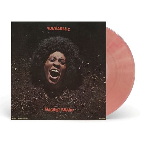 "Funkadelic" oben, "Maggot Brain" unten. Das Cover zeigt einen schreienden Kopf aus der Erde.