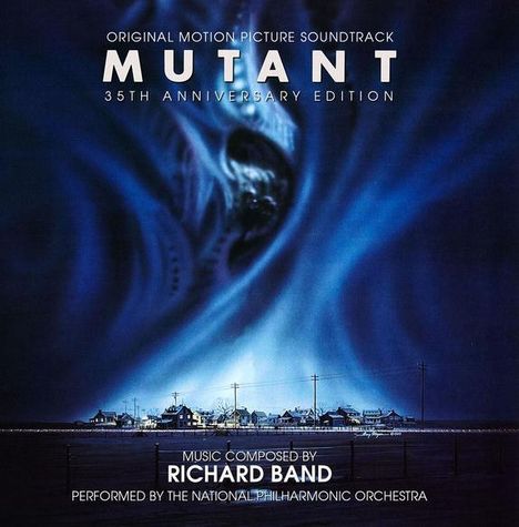 Der Text beschreibt den Soundtrack "Mutant" (35. Jubiläum) von Richard Band. Ein dunkles, bedrohliches Himmelsszenario.