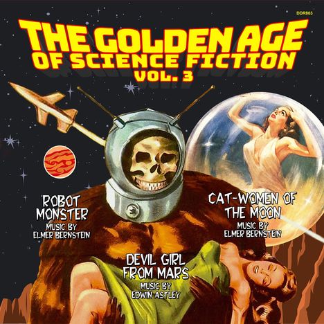 "The Golden Age of Science Fiction Vol. 3." Ein Retro-Illustration mit einem Weltraummonster und Frauen, Planeten im Hintergrund.
