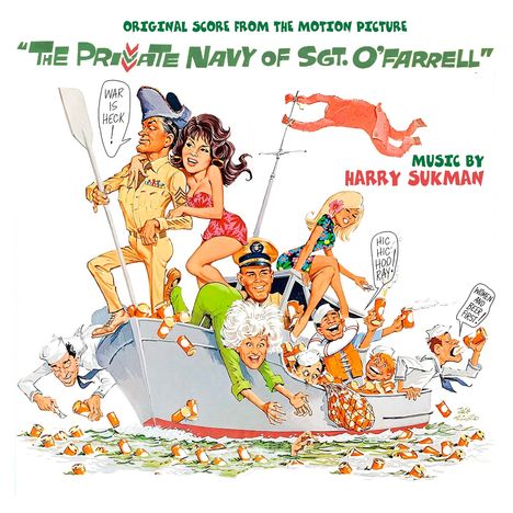 Zur Filmmusik "The Private Navy of Sgt. O'Farrell" von Harry Sukman. Eine Karikatur zeigt fröhliche Menschen auf einem Boot.