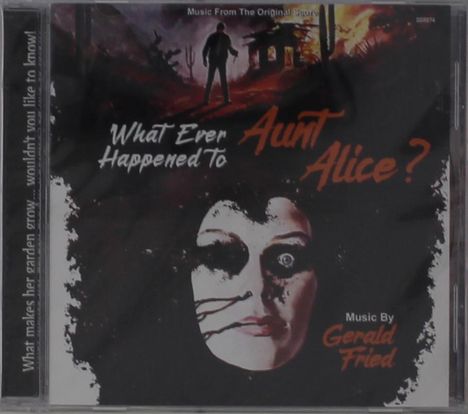 "What Ever Happened to Aunt Alice?" in weißer und roter Schrift, düstere Illustration eines Gesichts und einer Gestalt vor Flammen.
