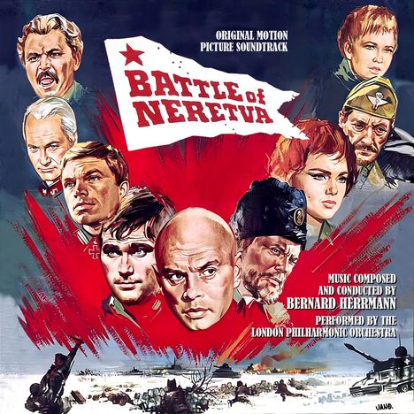 Text: „BATTLE of NERETVA“, „ORIGINAL MOTION PICTURE SOUNDTRACK“, „BERNARD HERRMANN“, „LONDON PHILHARMONIC ORCHESTRA“. 

Filmillustration mit Porträts und Kriegsszene.