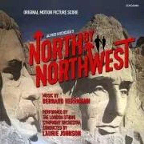 Aufschrift: "Alfred Hitchcock's North by Northwest". Illustration mit Mount Rushmore und großen roten Buchstaben im Vordergrund.