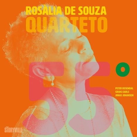 "Rosalia de Souza Quarteto 55°. Peter Rosendal, Graig Earle, Jonas Johansen." Porträt einer Frau auf orangem Hintergrund.