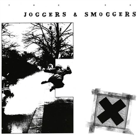 Text: "Joggers & Smoggers". Schwarz-weißes Foto eines springenden Mannes, Baum im Hintergrund, darunter ein X in einem Quadrat.
