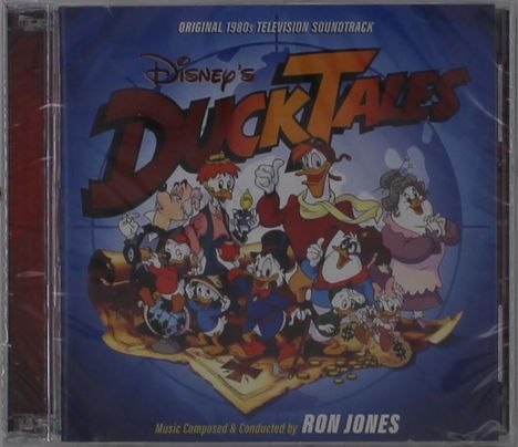 CD-Cover mit "Disney's DuckTales", darunter Zeichentrickenten in Abenteuer-Pose. Musik von Ron Jones.