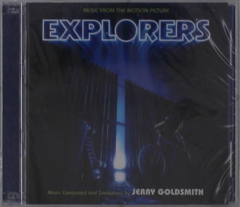 "EXPLORERS" und "Music Composed and Conducted by Jerry Goldsmith" in leuchtenden Buchstaben, zeigt ein beleuchtetes Tor mit Fahrrad.