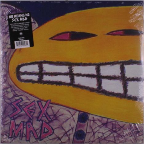 Schwarzer Sticker oben links: "No Means No - Sex Mad". Illustration: Gelbes Gesicht mit breitem Grinsen, lila Hintergrund.