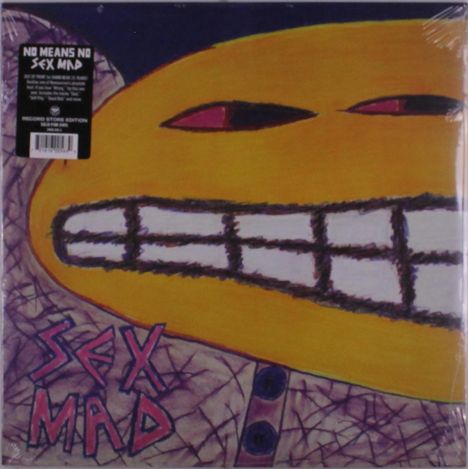 Text: "NO MEANS NO", "SEX MAD". Illustration eines gelben Gesichts mit schmalen Augen und breitem, gezacktem Lächeln.