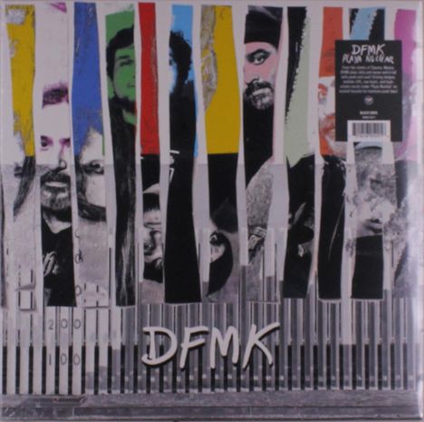 Texte: "DFMK", "Playa Nucleo". 
Collage aus bunten Streifen mit Porträts und abstrakten Elementen.