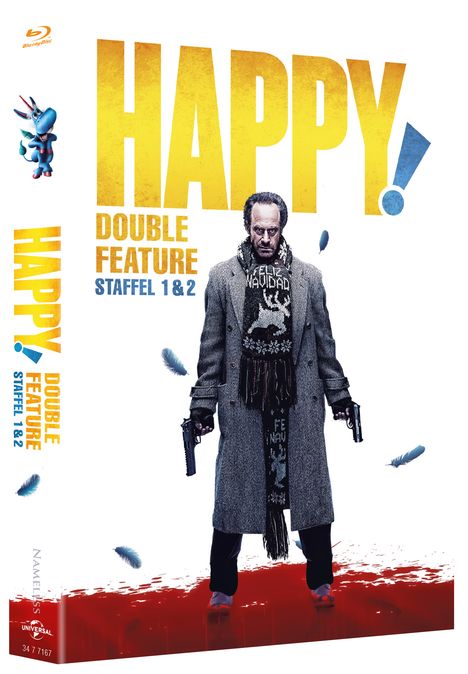 "Happy! Double Feature Staffel 1 & 2." Großer Schriftzug, eine ernst aussehende Person mit Waffen, blauer Cartoon-Esel.
