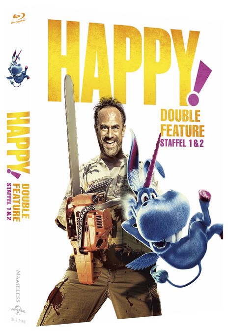 "Happy! Double Feature Staffel 1 & 2" steht in gelber und pinker Schrift. Ein Mann mit Kettensäge, neben einem blauen, fliegenden Pferd.