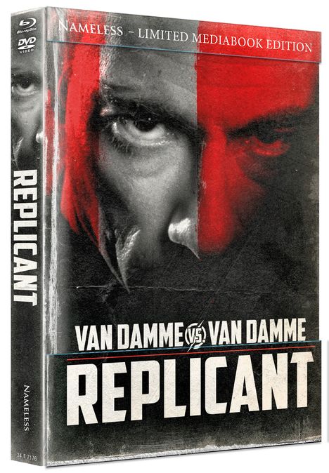 „Nameless – Limited Mediabook Edition. Van Damme vs. Van Damme – Replicant“. Ein Gesicht halb in Rot, halb schwarz-weiß.