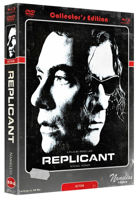 Cover der "Collector's Edition" von "Replicant". Zwei Gesichter, eines mit Sonnenbrille. Genrefilm "Action".