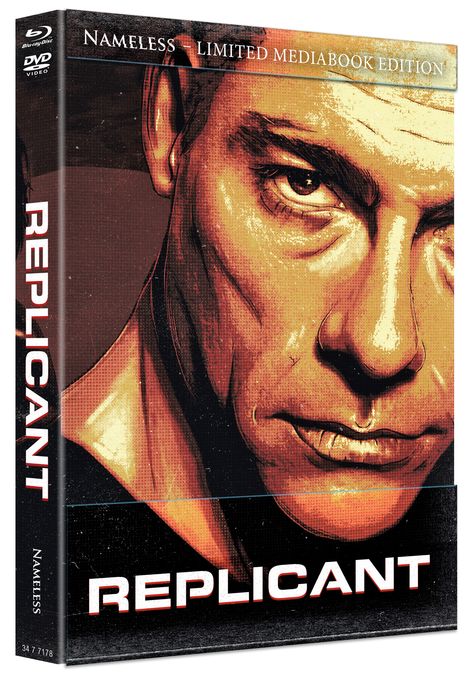 Text: "REPLICANT", "NAMELESS - LIMITED MEDIABOOK EDITION". Illustration eines ernsten Gesichts in Rot- und Gelbtönen.