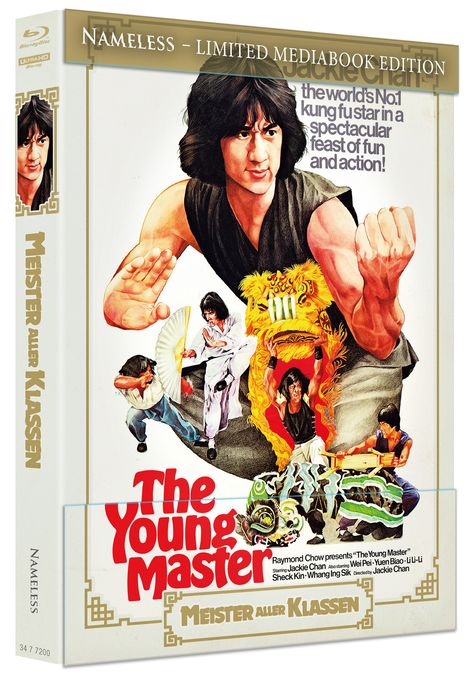 Große rote Schrift: "The Young Master". Text in Englisch/Deutsch über Kampfkünste. Illustration von kämpfender Person.