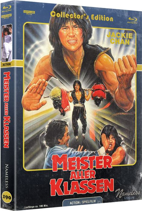 Collector's Edition, Jackie Chan, Meister aller Klassen. Illustration mit kämpfenden Figuren, dynamische Posen.