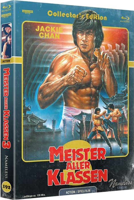 "MEISTER ALLER KLASSEN", "Jackie Chan", "Collector’s Edition". Illustration: kämpfender Mann vor asiatischen Gebäuden.