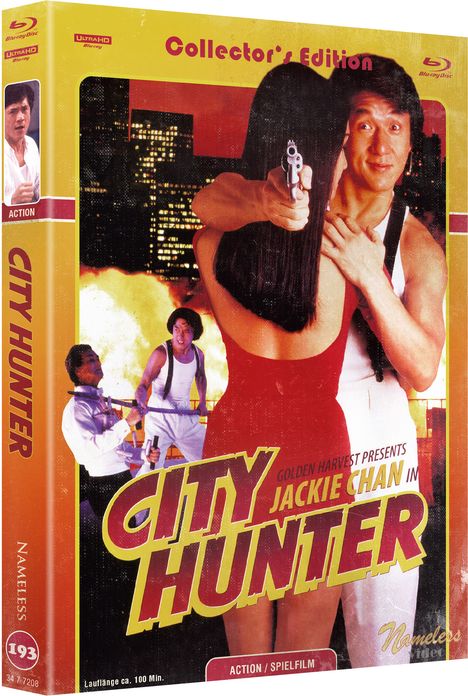 "Collector's Edition", "CITY HUNTER", "Jackie Chan", Action-Szene mit Mann in weißem Hemd, Nachtstadt-Hintergrund.