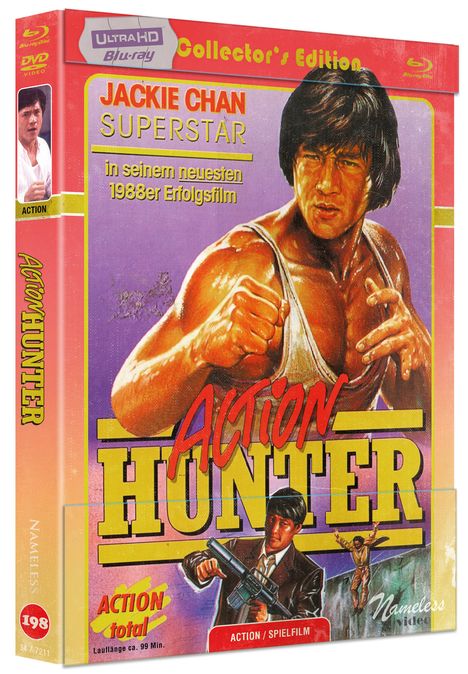 Der Text "Jackie Chan Superstar: Action Hunter" dominiert. Illustration eines muskulösen Mannes in Kampfhaltung.