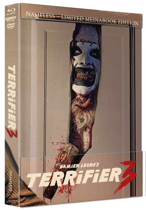 Terrifier 3 (Ultra HD Blu-ray &amp; Blu-ray im Mediabook), 1 Ultra HD Blu-ray, 1 Blu-ray Disc und 1 DVD